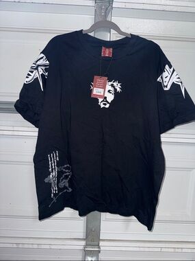 Black Short-Sleeve Graphic Tee with White Chest and Sleeve Prints